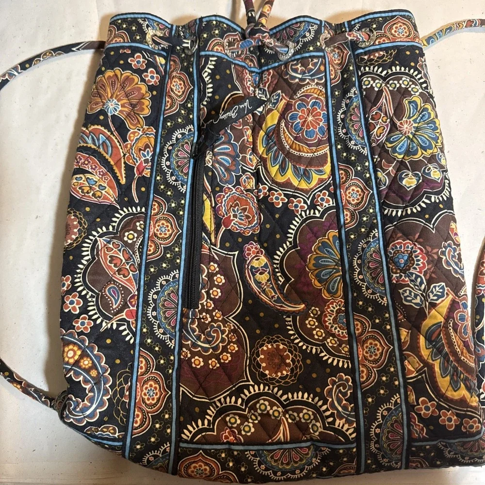 Vera Bradley Kensington Quilted Drawstring Backpack Tote Bag Purse Brown Paisley